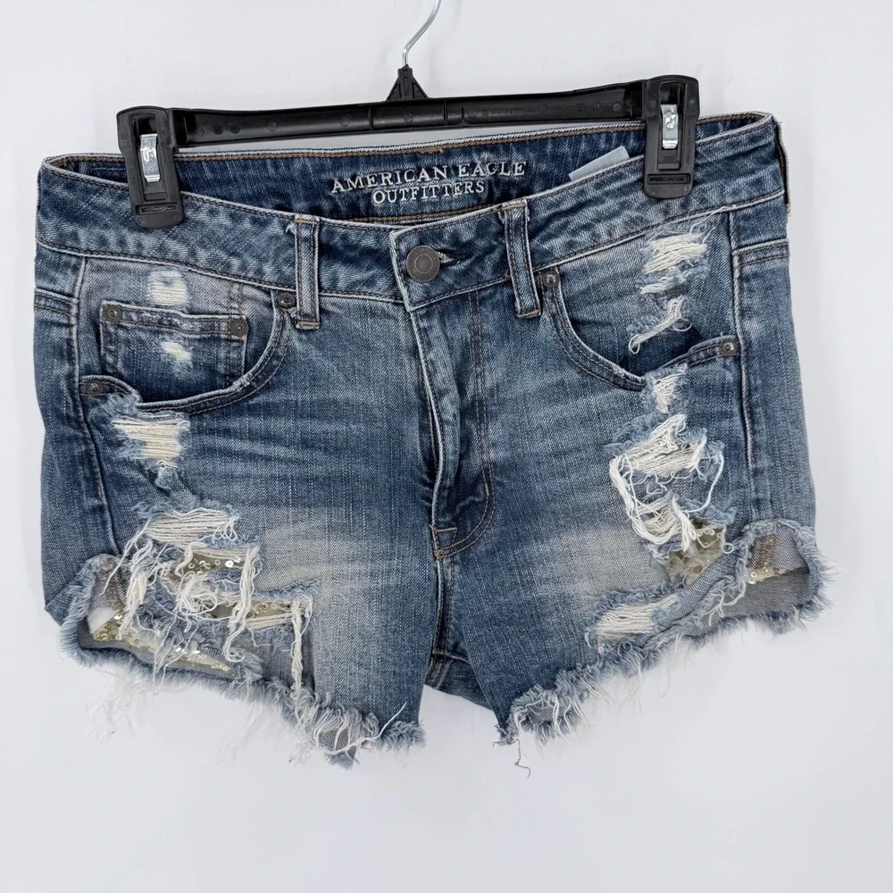 American‎ Eagle Hi-Rise Festival Distressed Gold Sequin Pockets Denim Shorts 8